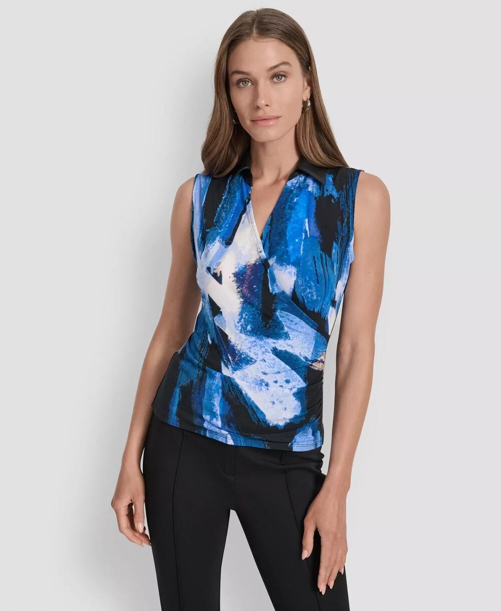 DKNY Women's Printed Contrast-Collar Surplice Top Multi Size S 3189